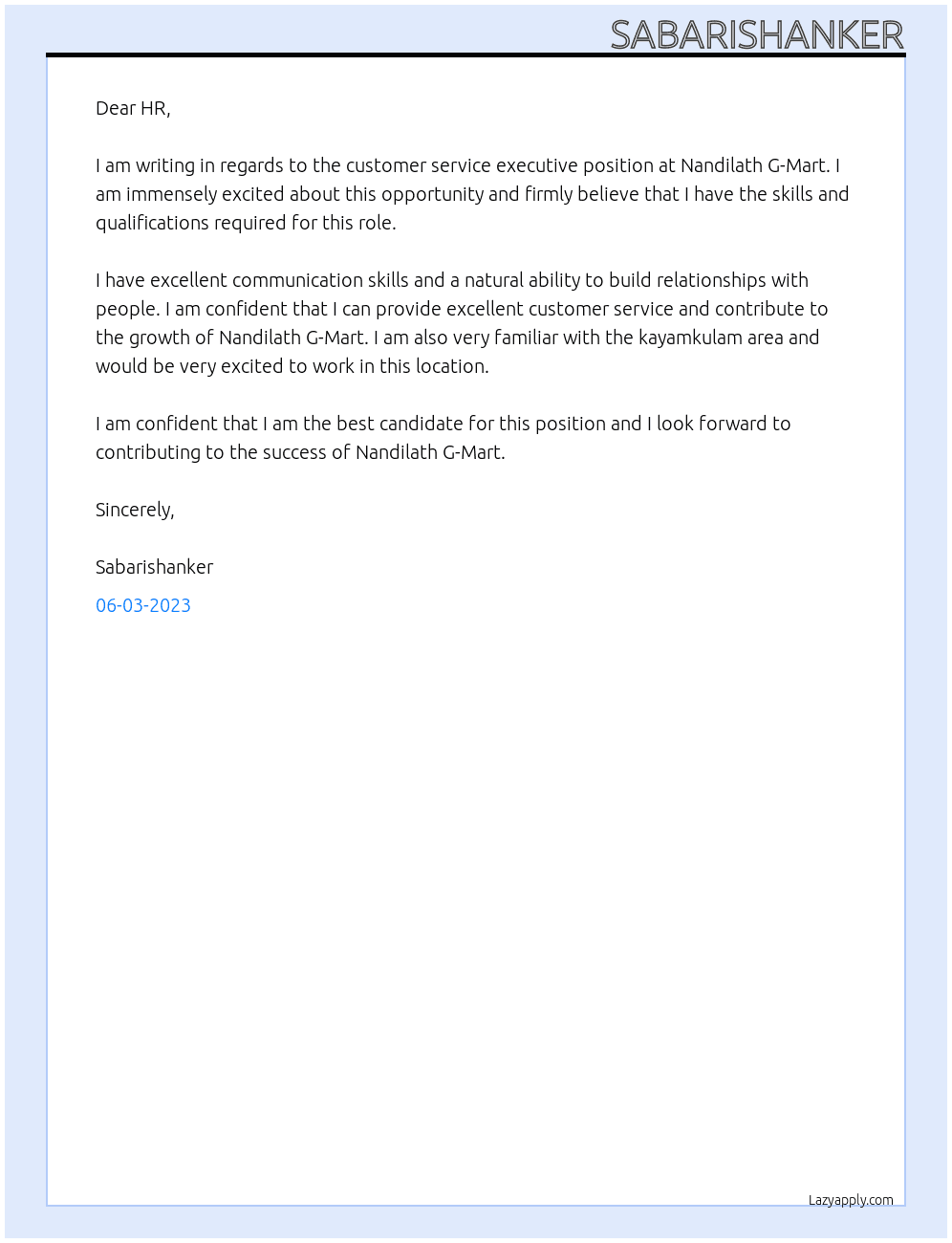 customer service  executive At Nandilath G-Mart  Cover Letter