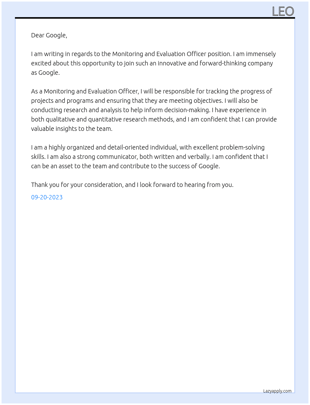 monitoring and evaluation officer At google Cover Letter