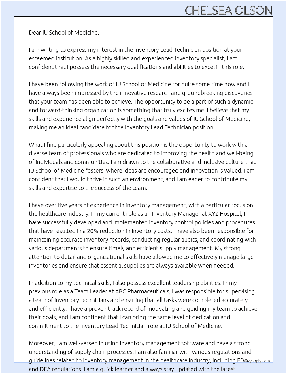 Inventory Lead Technician At IU School of Medicine Cover Letter