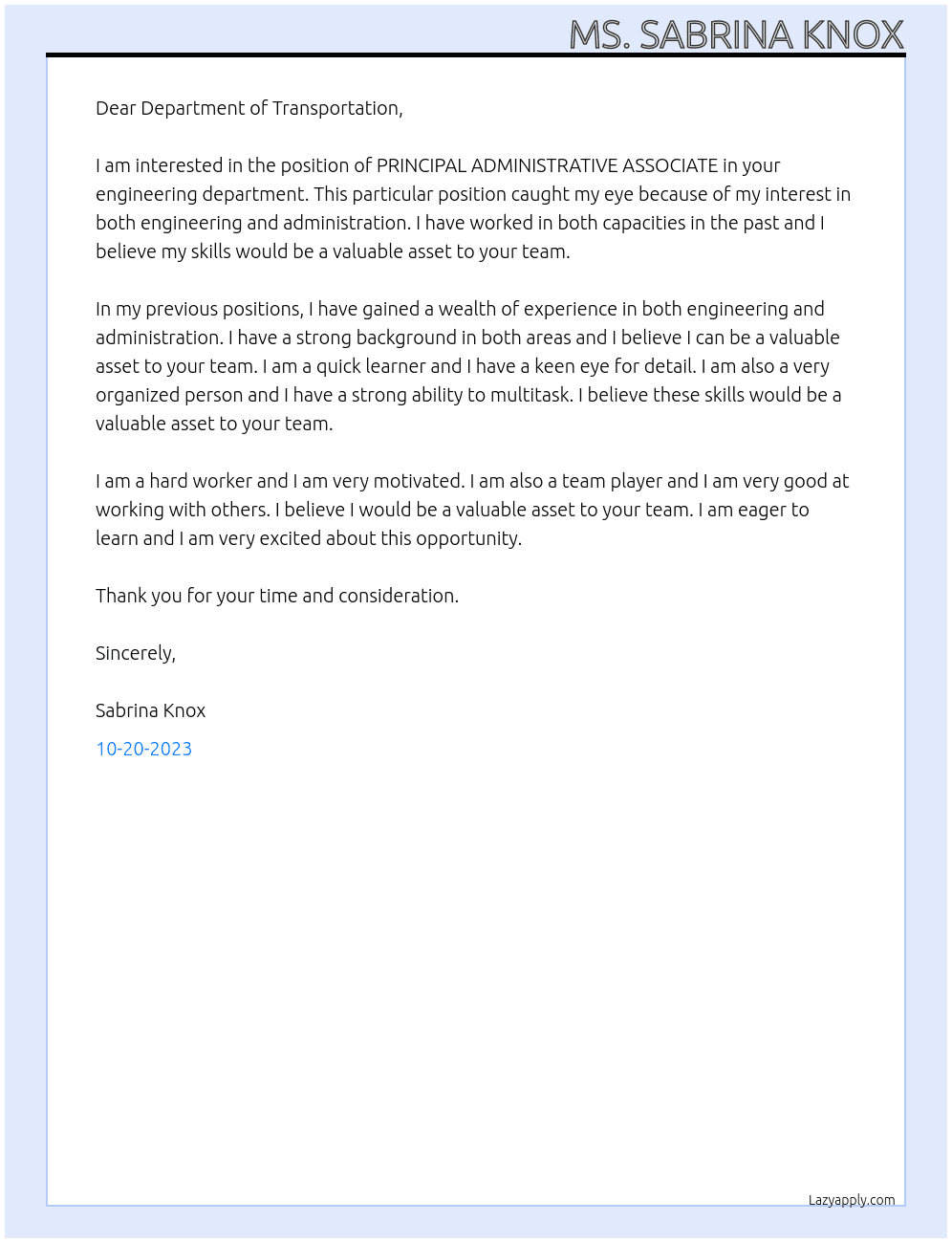 PRINCIPAL ADMINISTRATIVE ASSOCIATE At DEPARTMENT OF TRANSPORTATION Cover Letter