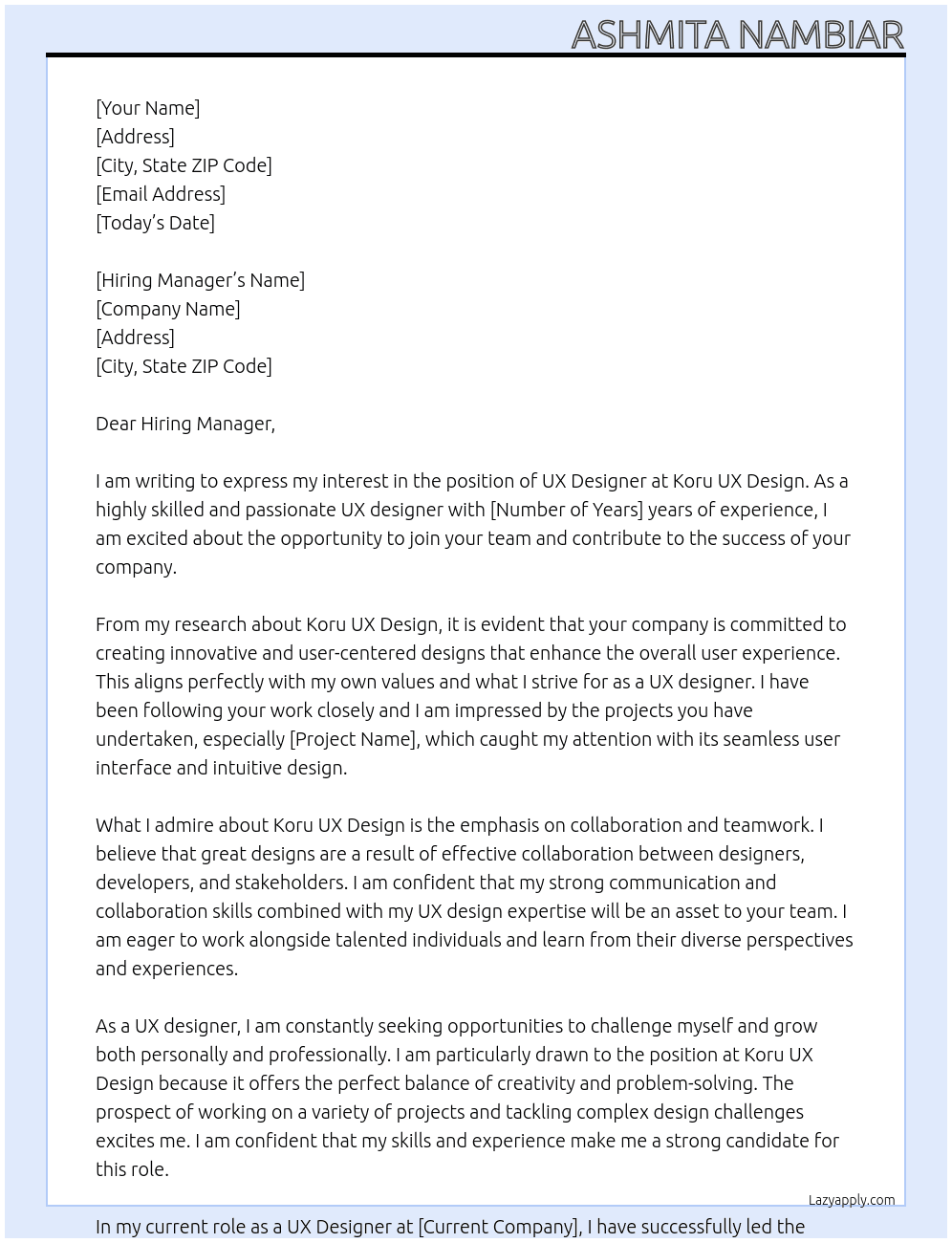 UX designer At Koru UX design Cover Letter