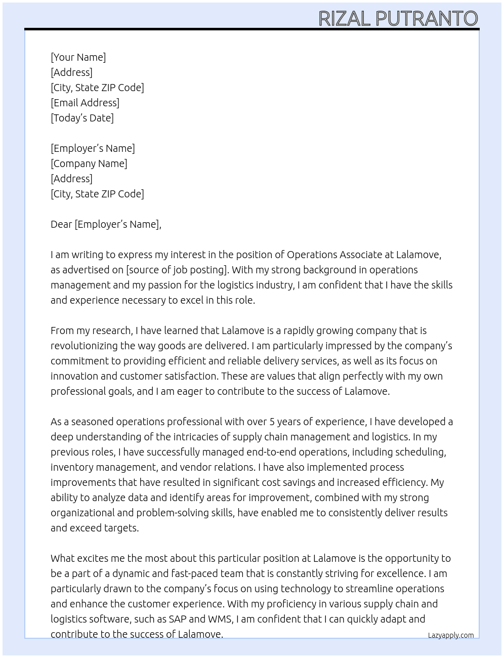Operations Associate At Lalamove Cover Letter