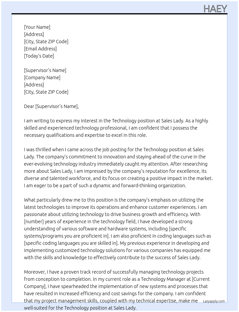 technology At Sales lady Cover Letter