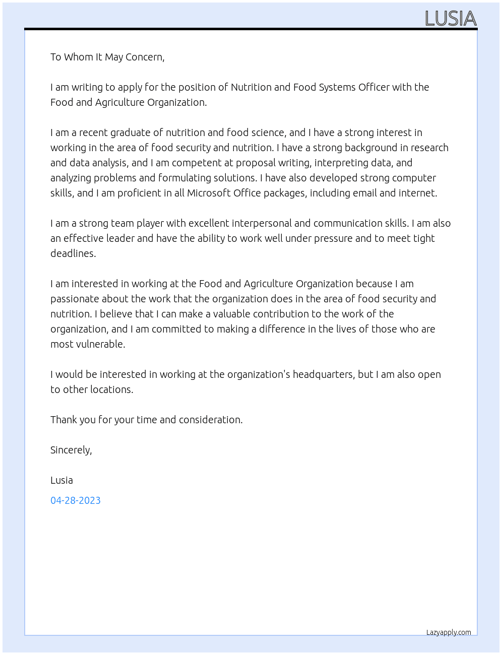  Nutrition and Food Systems Officer  At Food and Agriculture Organization Cover Letter