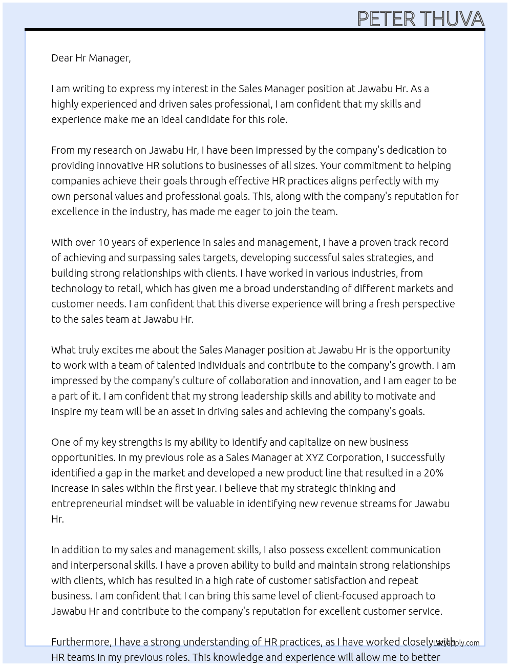 Sales manager At Jawabu Hr Cover Letter