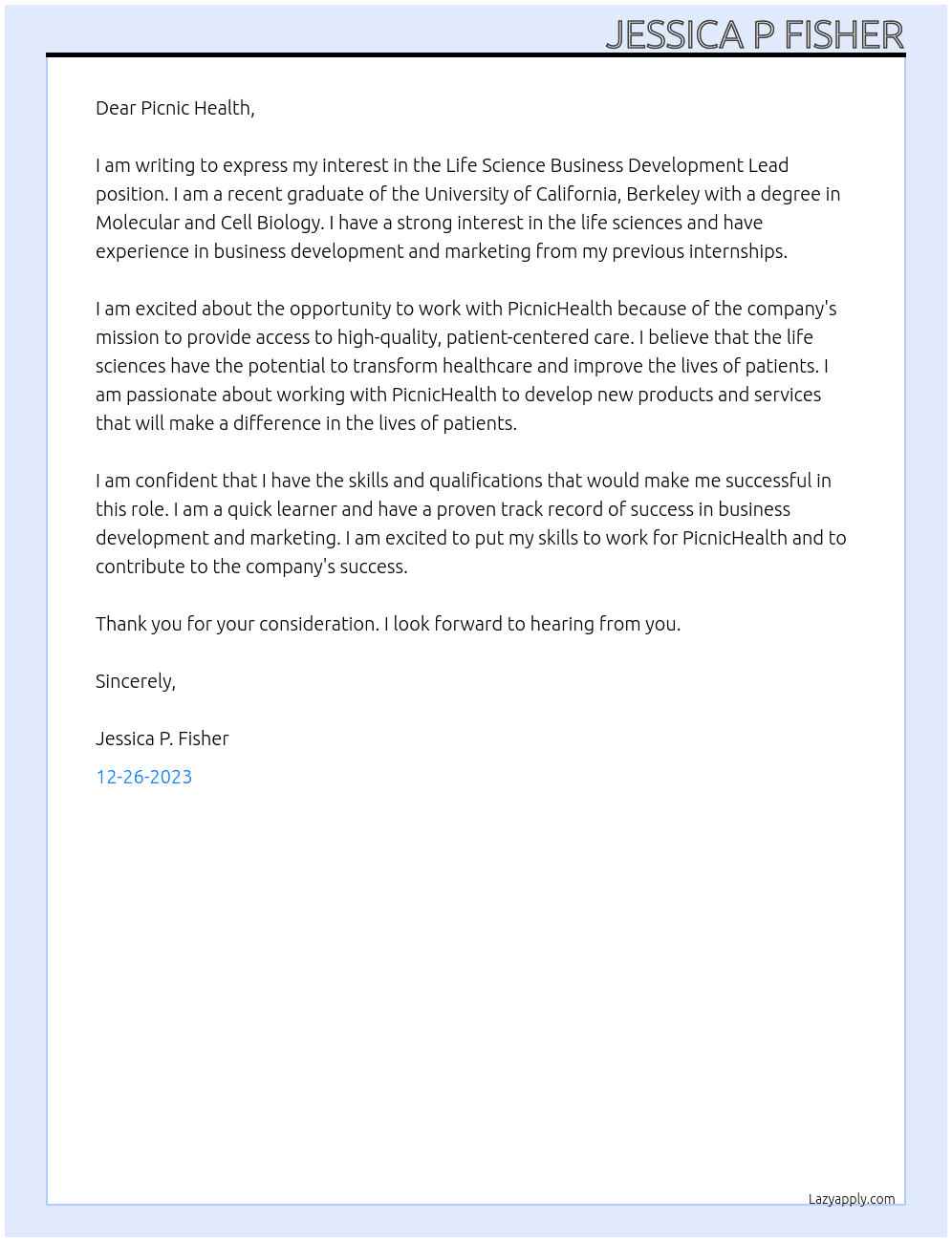 Life science business development lead At PicnicHealth Cover Letter