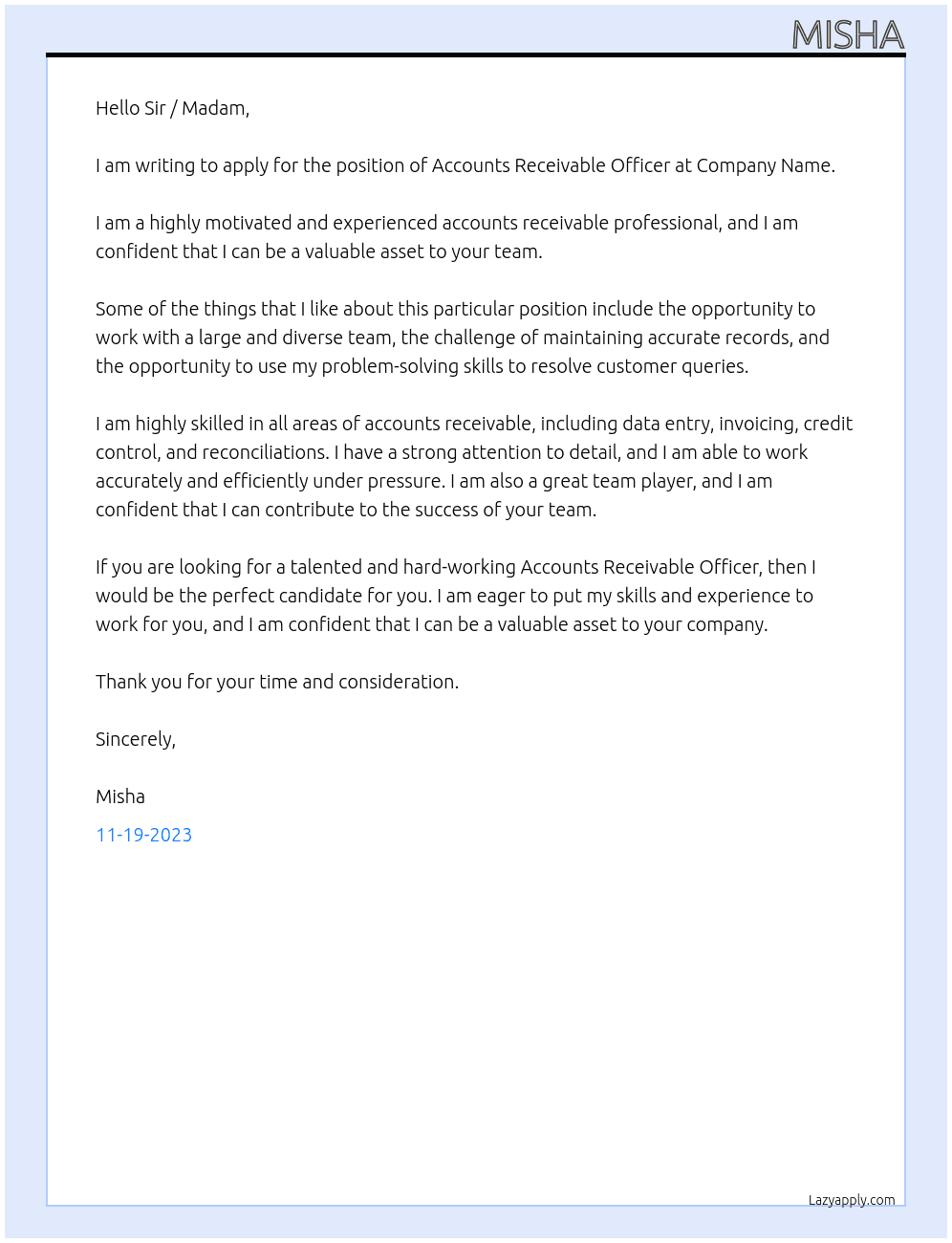 Accounts Receivable Officer At Company Name Cover Letter