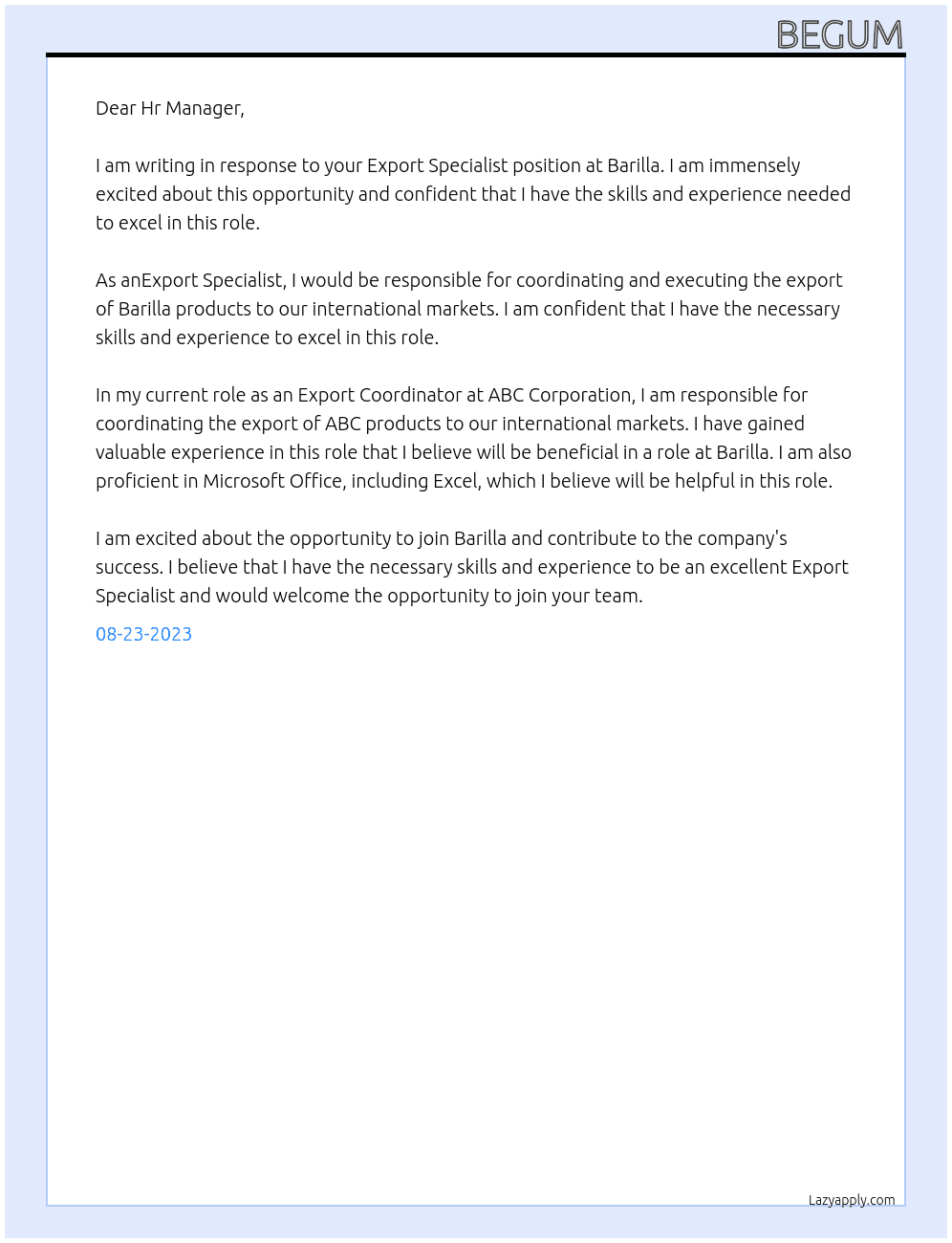 Export Specialist  At Barilla Cover Letter