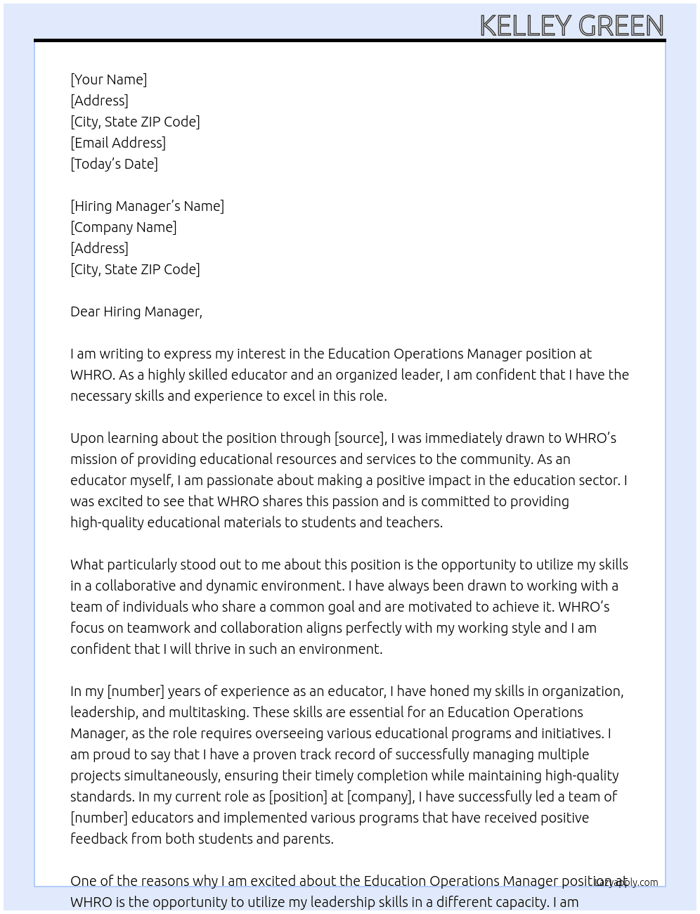 Education Operations Manager At WHRO Cover Letter