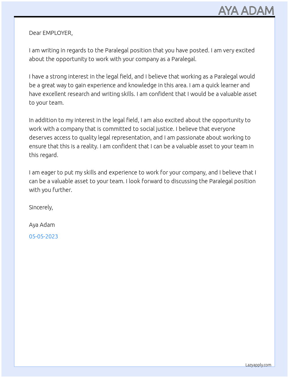 Paralegal At EMPLOYER Cover Letter