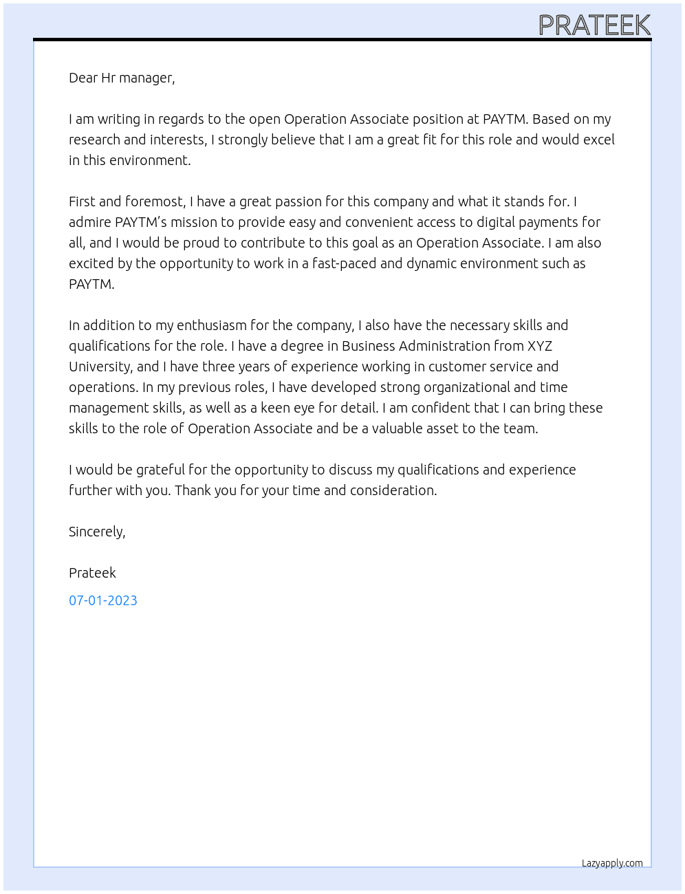 Operation Associate  At PAYTM Cover Letter
