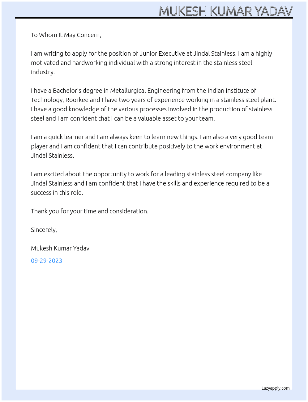 Junior Executive At Jindal Stainless Cover Letter