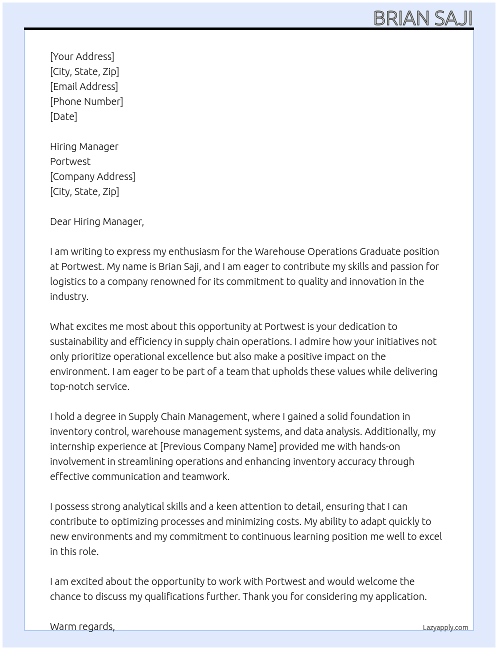 warehouse operations graduate At Portwest Cover Letter
