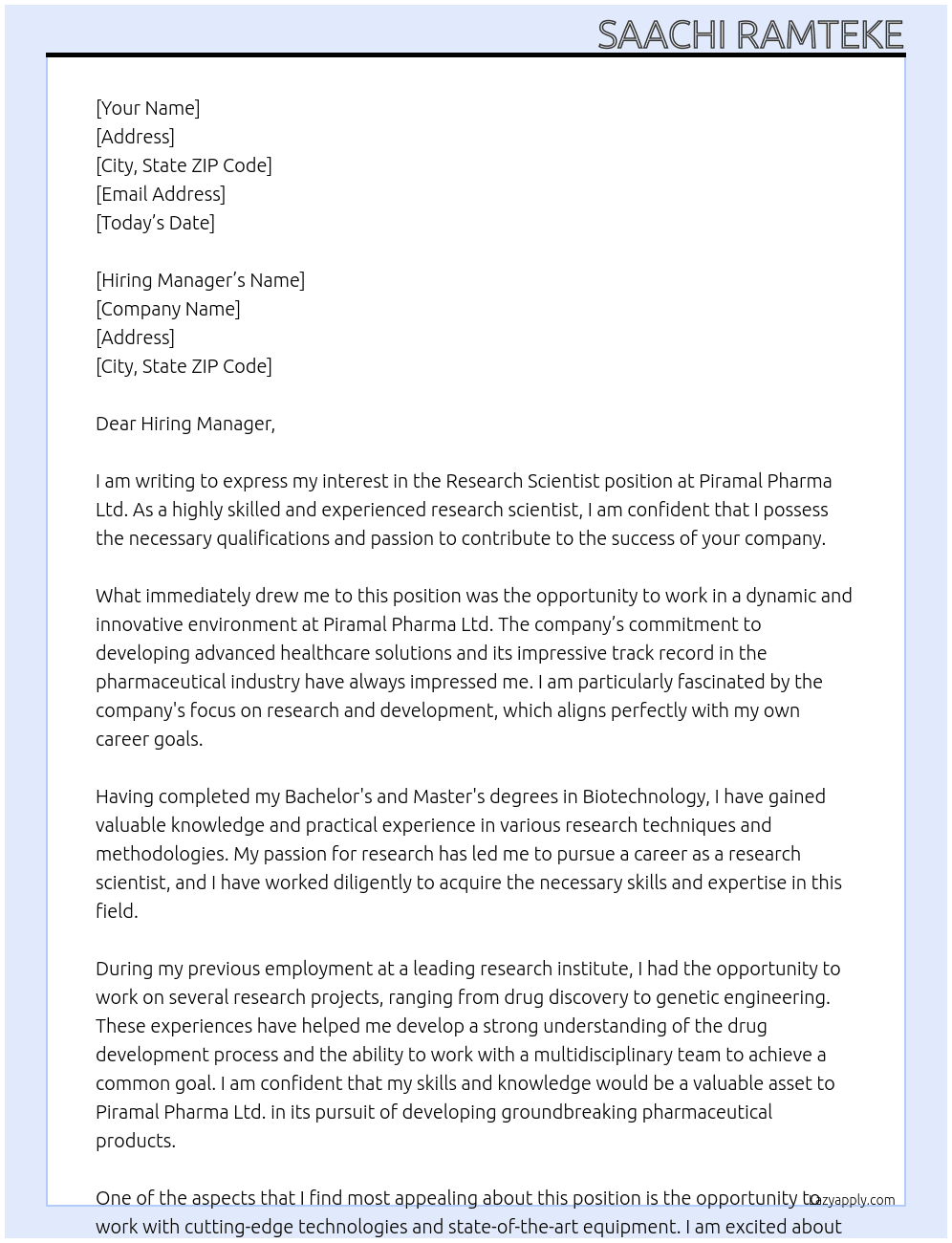 Research Scientist At Piramal Pharma Ltd. Cover Letter