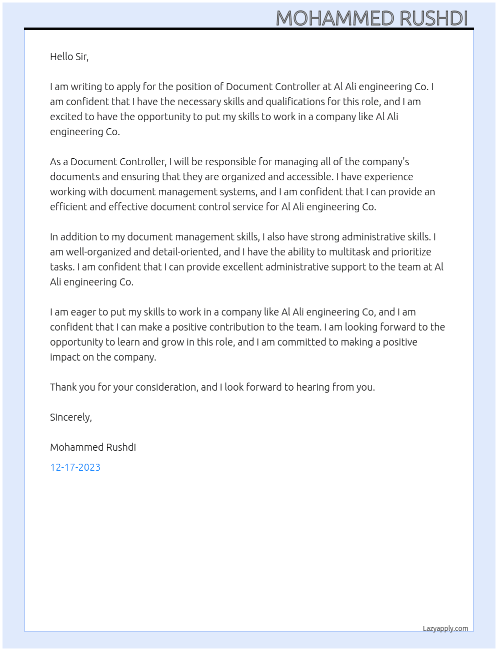 Document controller  At Al Ali engineering Co Cover Letter