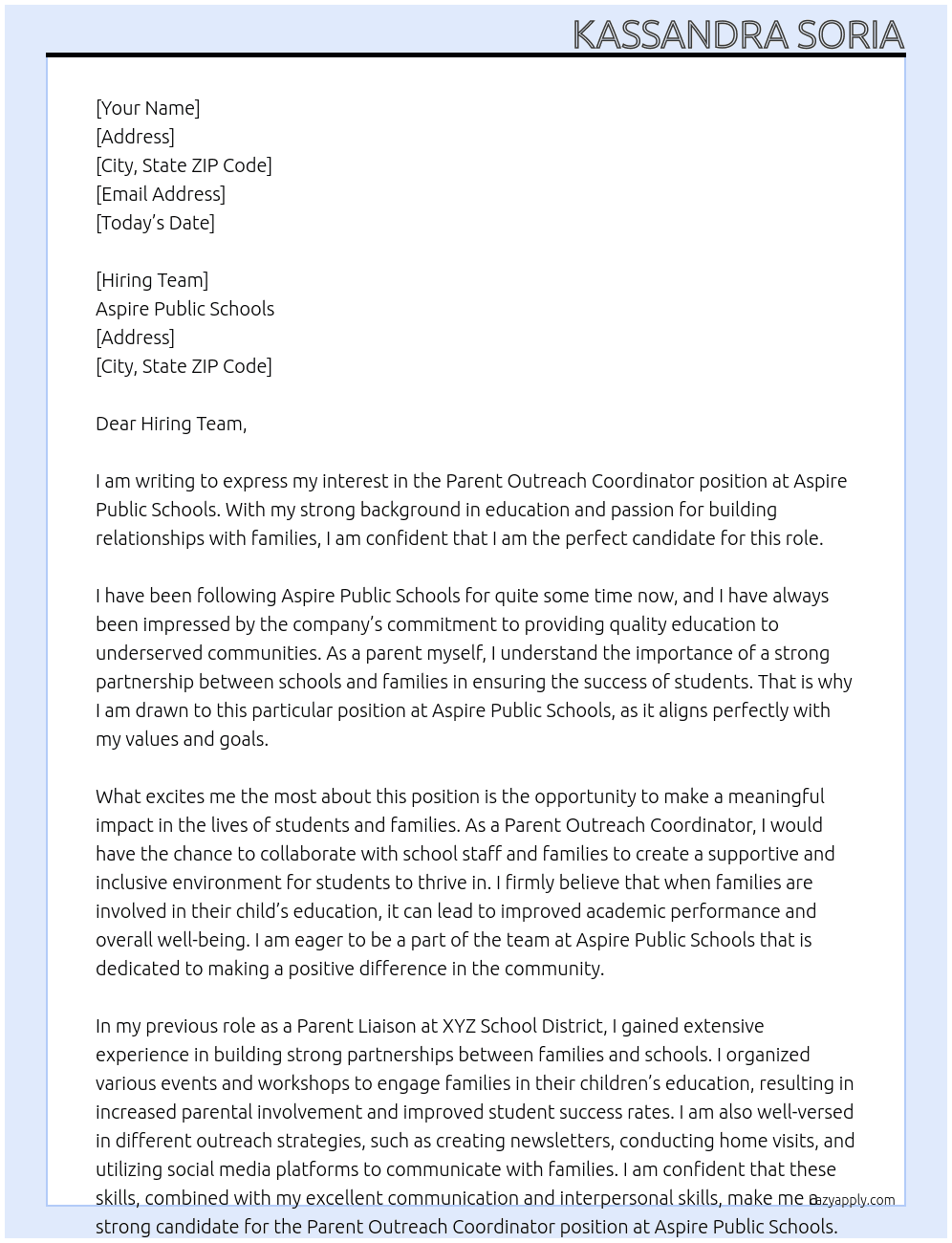 Parent Outreach Coordinator At Aspire Public Schools Cover Letter