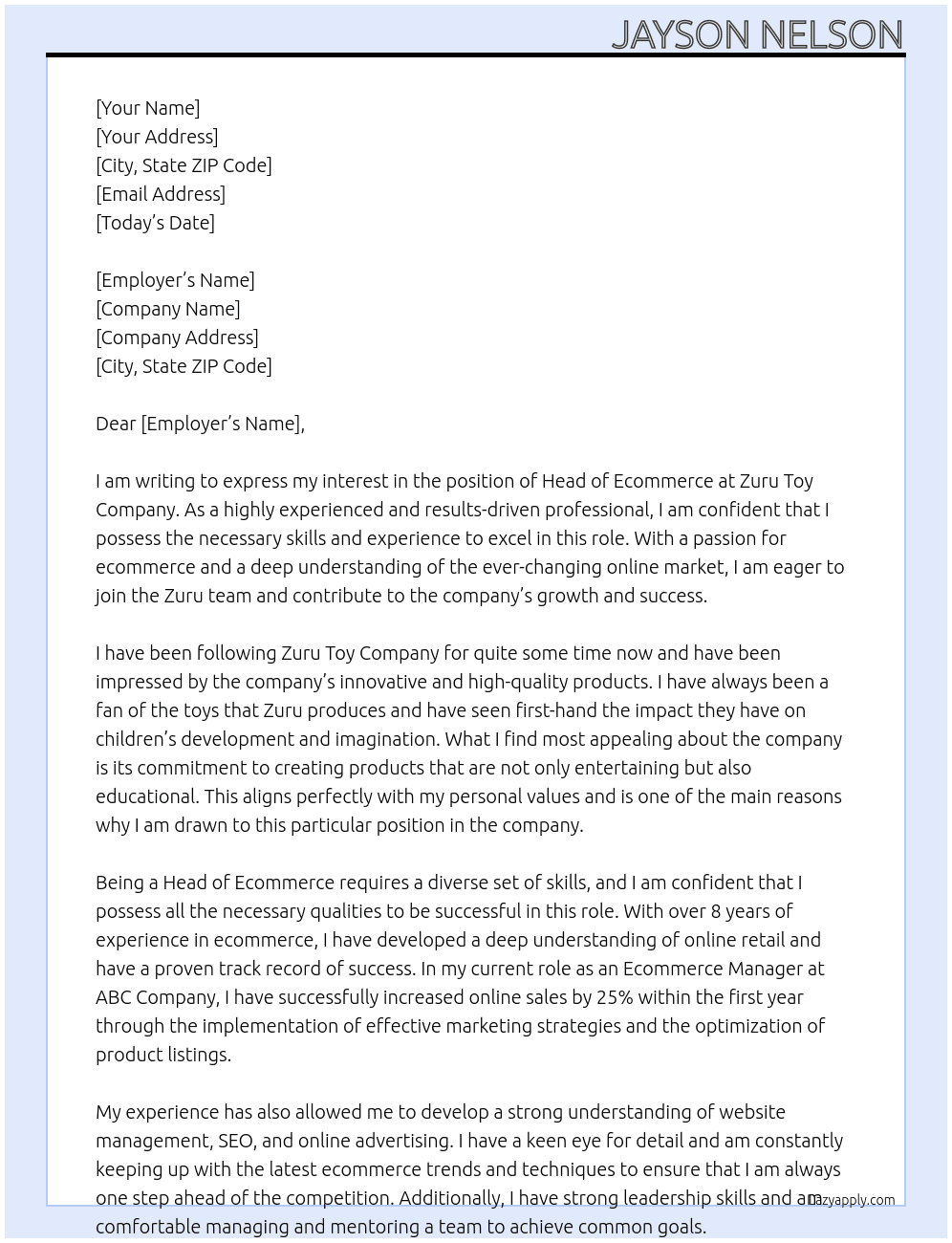 Head of Ecommerce At Zuru Toy Company  Cover Letter