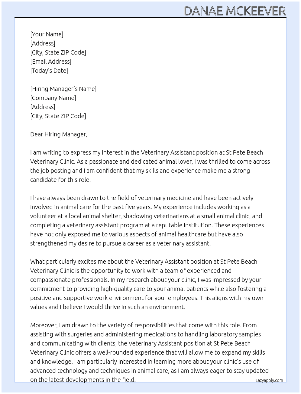 Veterinary Assistant At St Pete Beach Veterinary Clinic Cover Letter