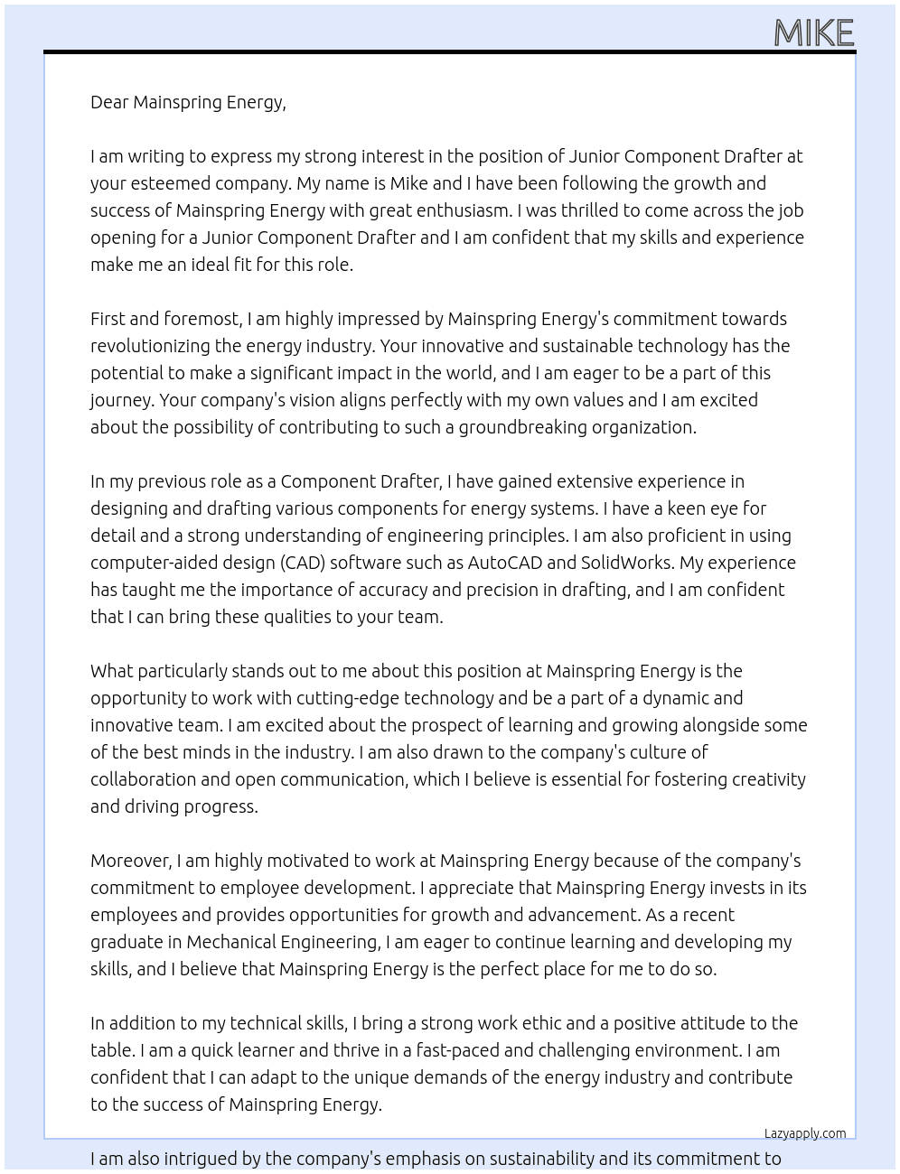 Junior Component Drafter At Mainspring Energy Cover Letter