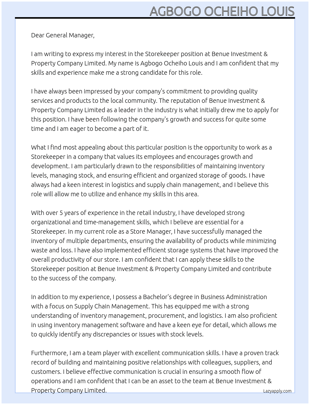 Store keeper At Benue Investment & Property Company Limited Cover Letter