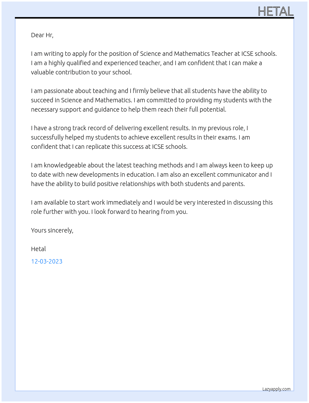 Science and Mathematics Teacher  At ICSE schools Cover Letter
