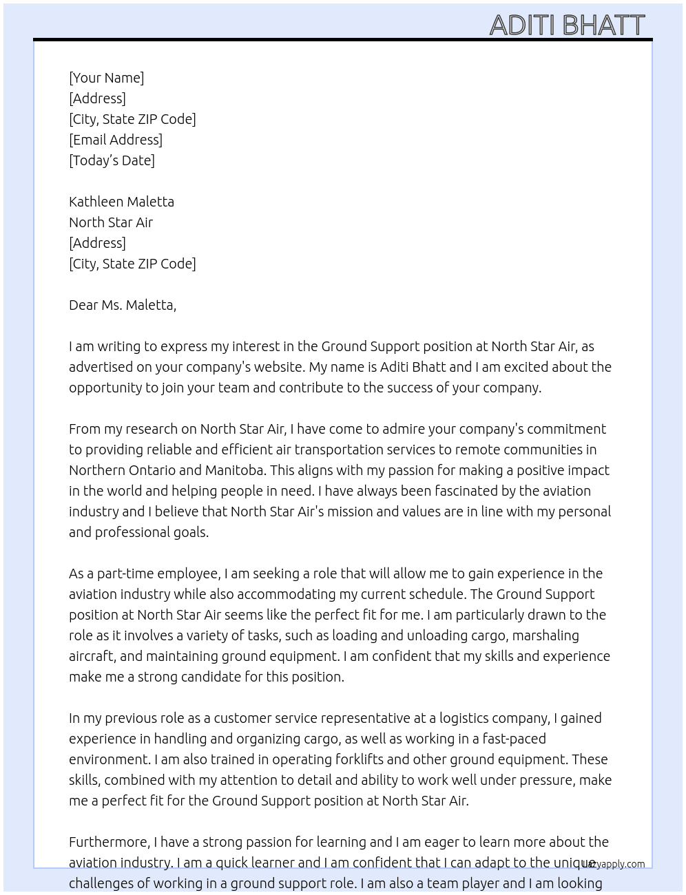 Ground Support  At North Star Air  Cover Letter