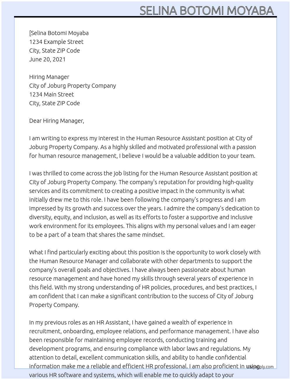 Human Resource Assistant At City of Joburg Property Company Cover Letter