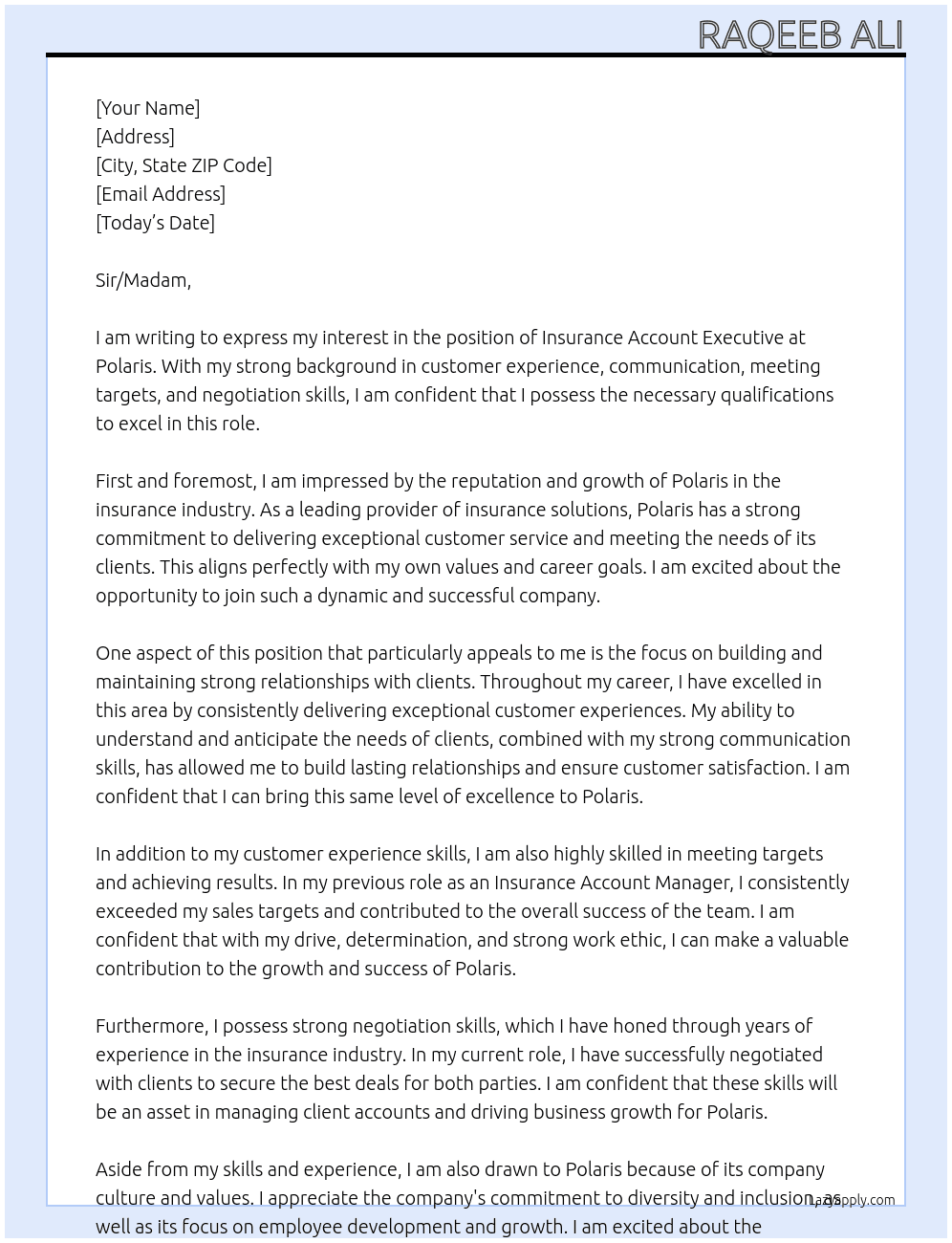Insurance Account executive  At Polaris Cover Letter