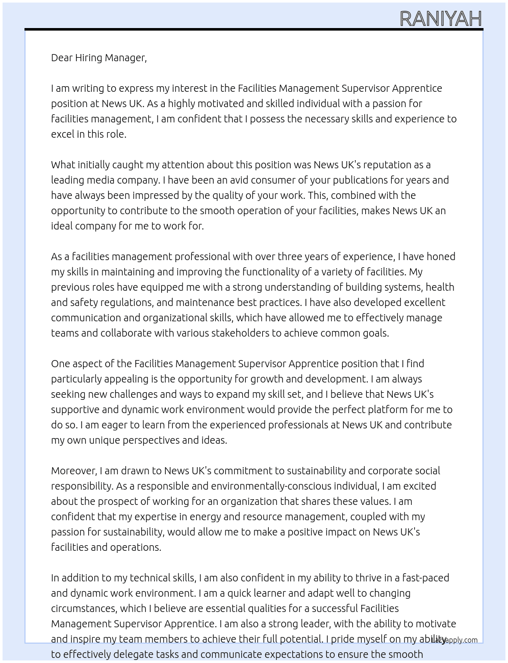 Facilities Management Supervisor Apprentice At News UK Cover Letter