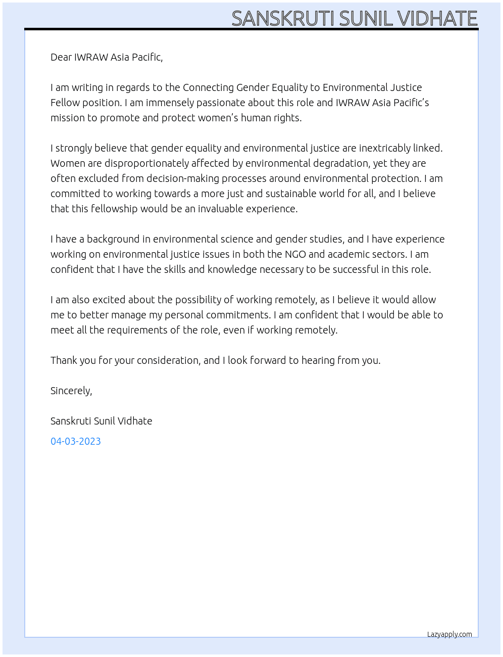 Connecting Gender Equality to Environmental Justice Fellow  At IWRAW Asia Pacific Cover Letter