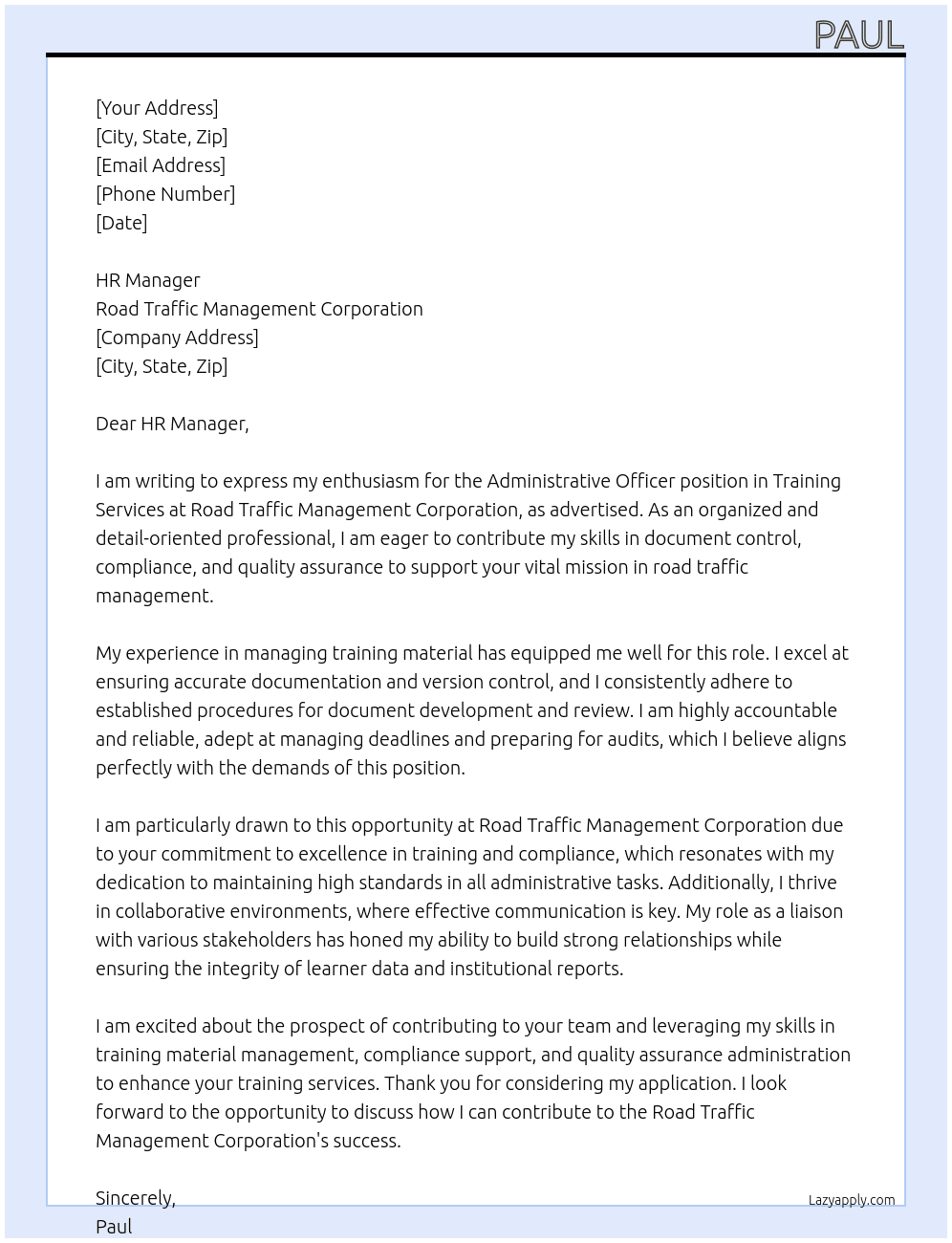 Administrative Officer Training Services At Road Traffic Management Corporation Cover Letter