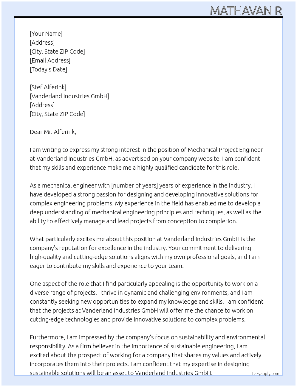 mechanical project engineer At Vanderland Industries GmbH Cover Letter