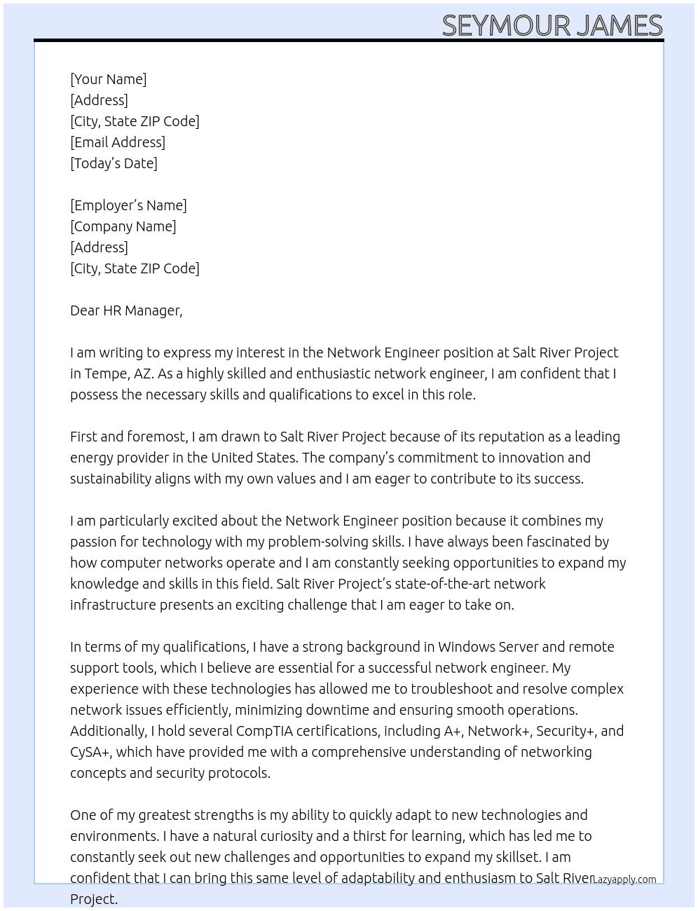 Network Engineer At Salt River Project Cover Letter