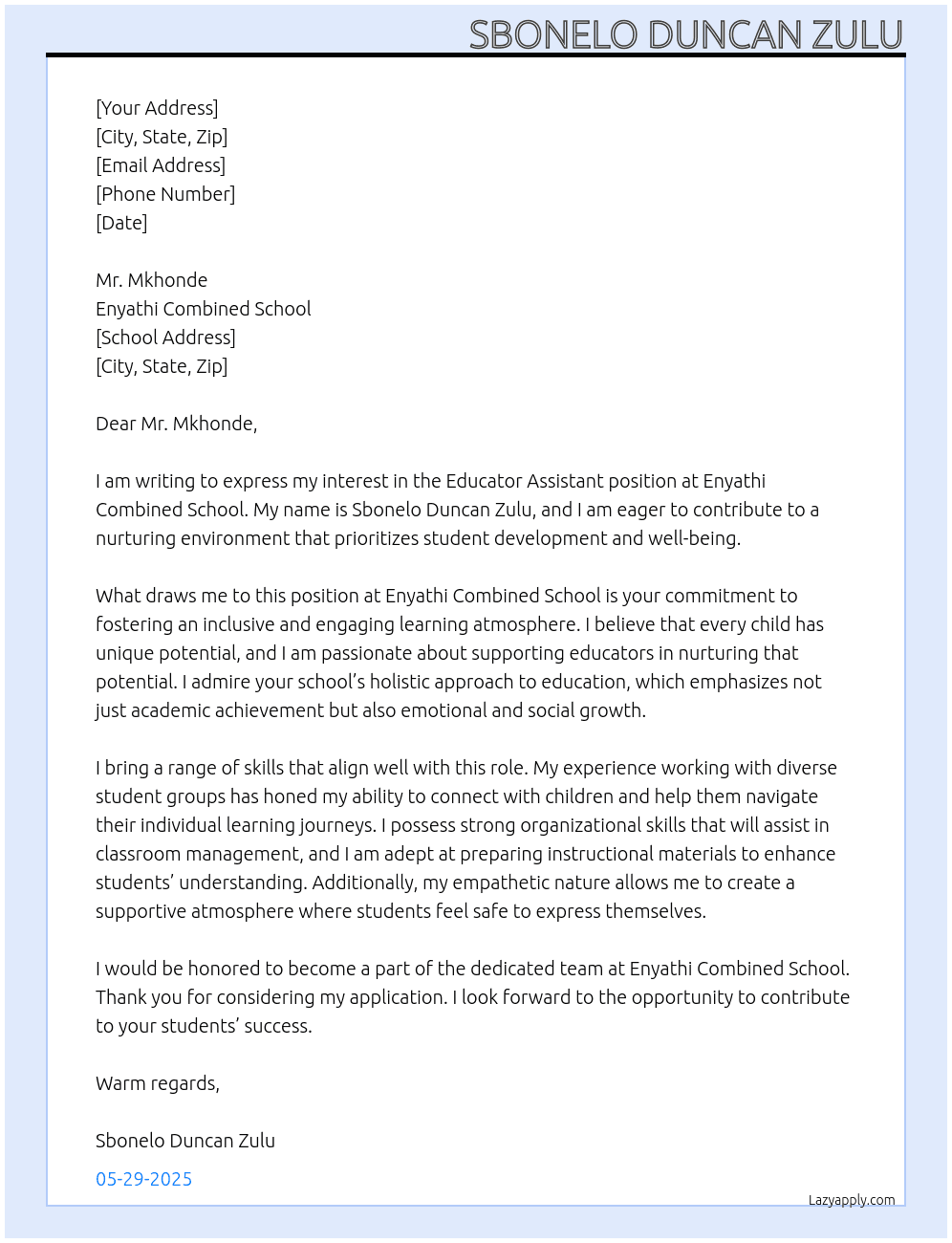 Educator assistant At Enyathi combined school Cover Letter