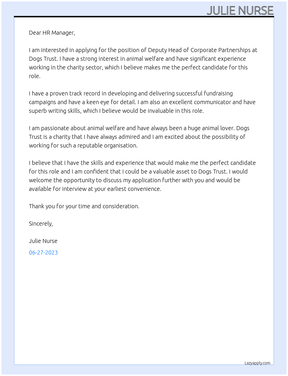 Deputy Head of Corporate Partnerships At Dogs Trust Cover Letter