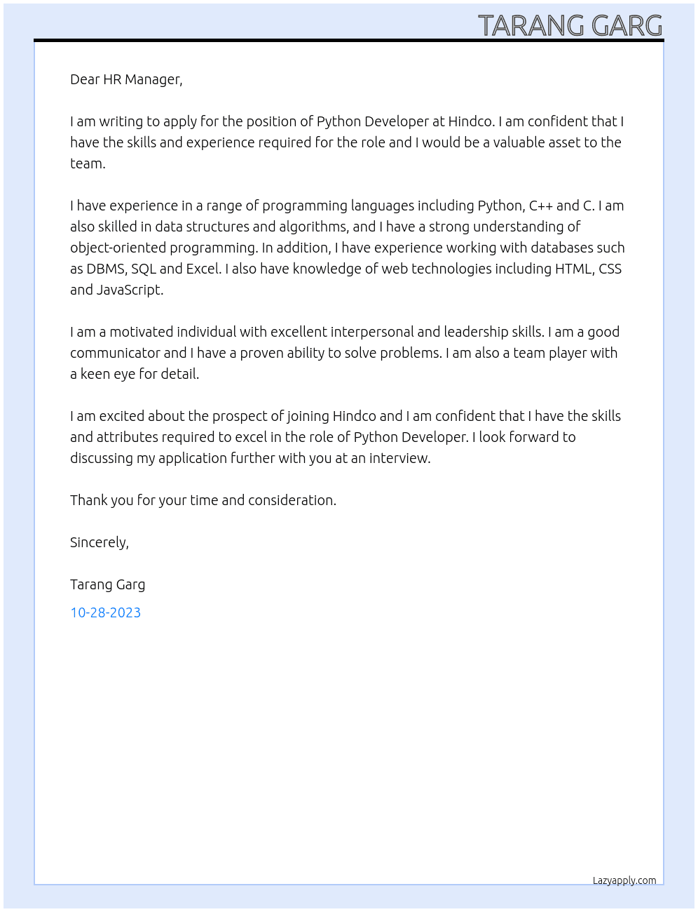 Python Developer At Hindco Cover Letter