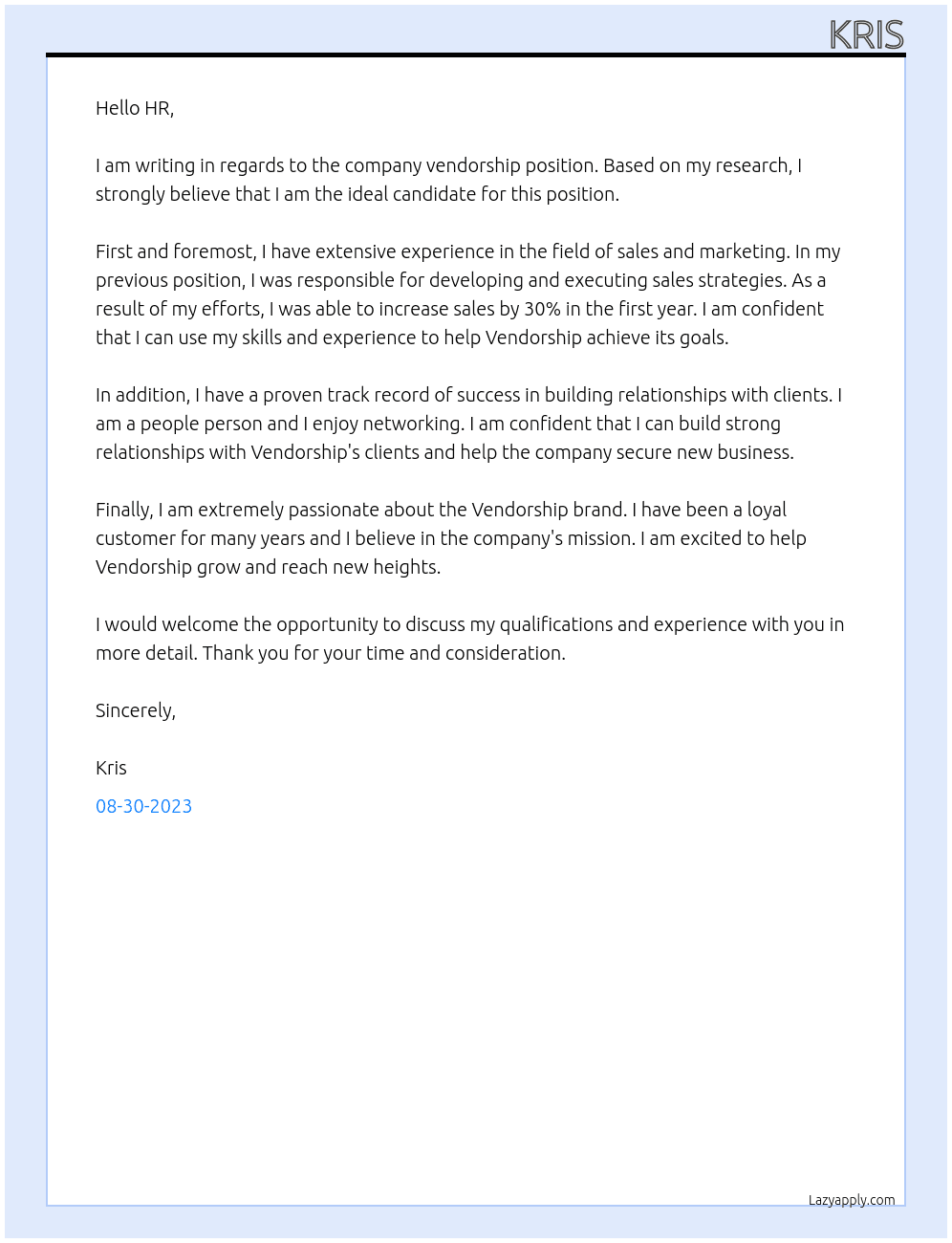 Company Vendorship At Vendorship Cover Letter