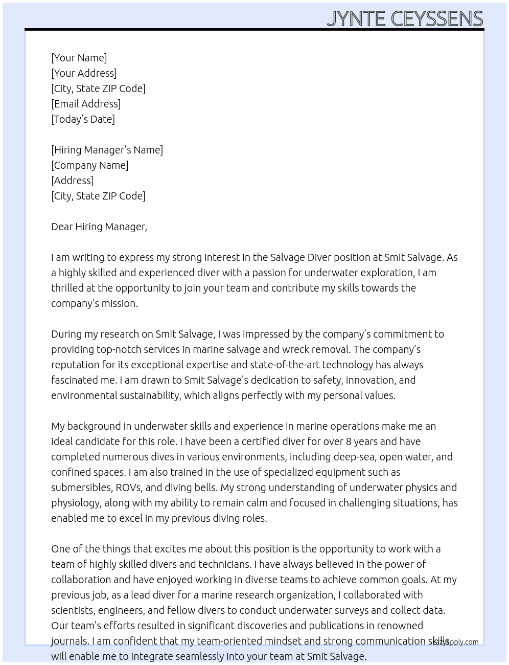 Salvage diver At Smit Salavage Cover Letter