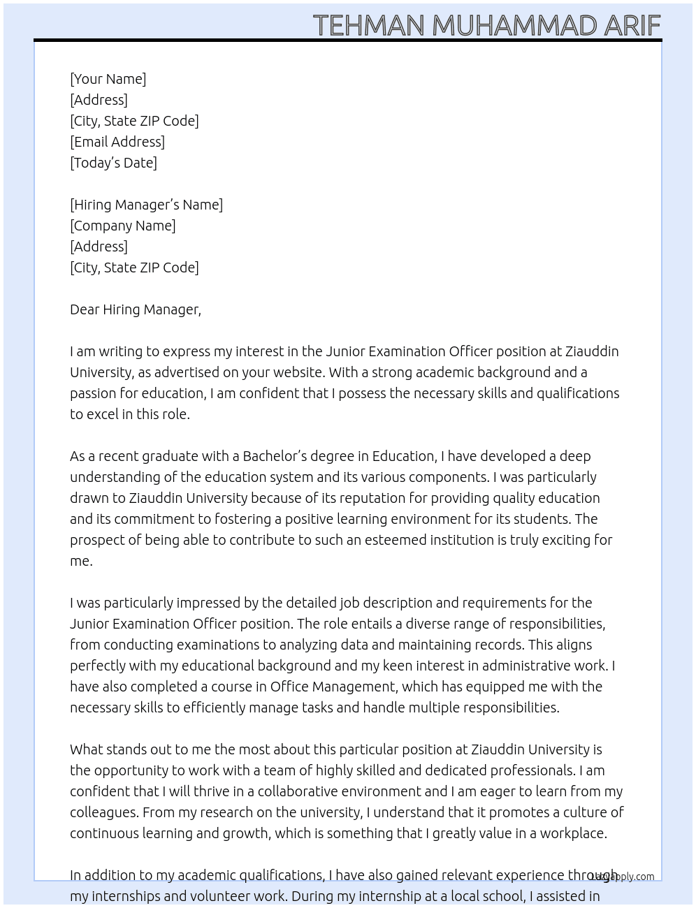 Junior Examination Officer` At Ziauddin University Cover Letter