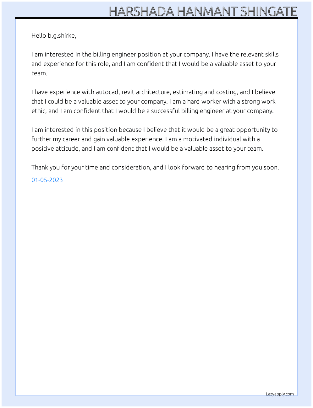 billing engineer At b.g.shirke Cover Letter