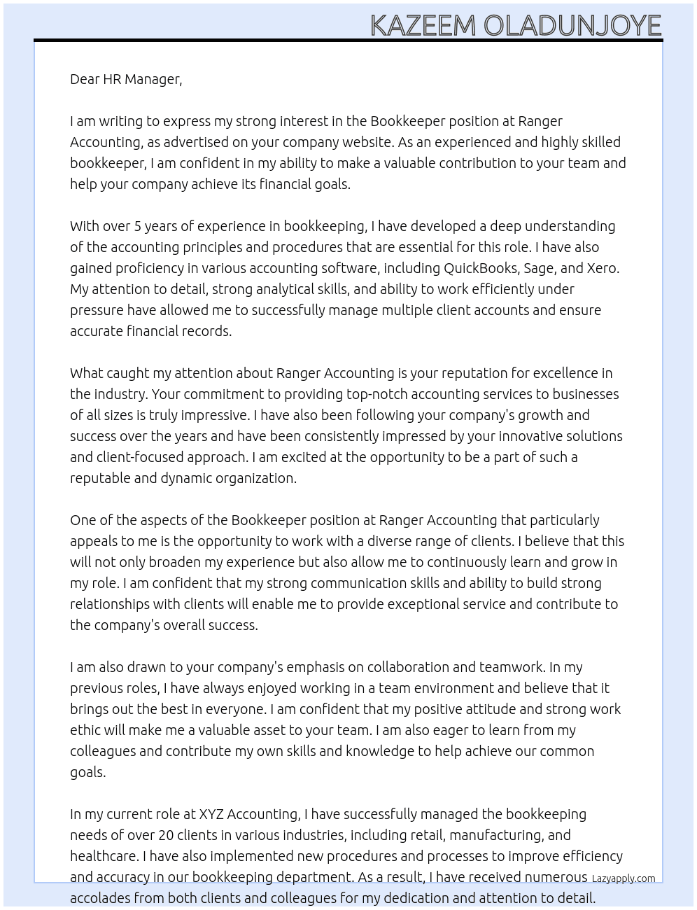 Bookkeeper At Ranger Accounting Cover Letter
