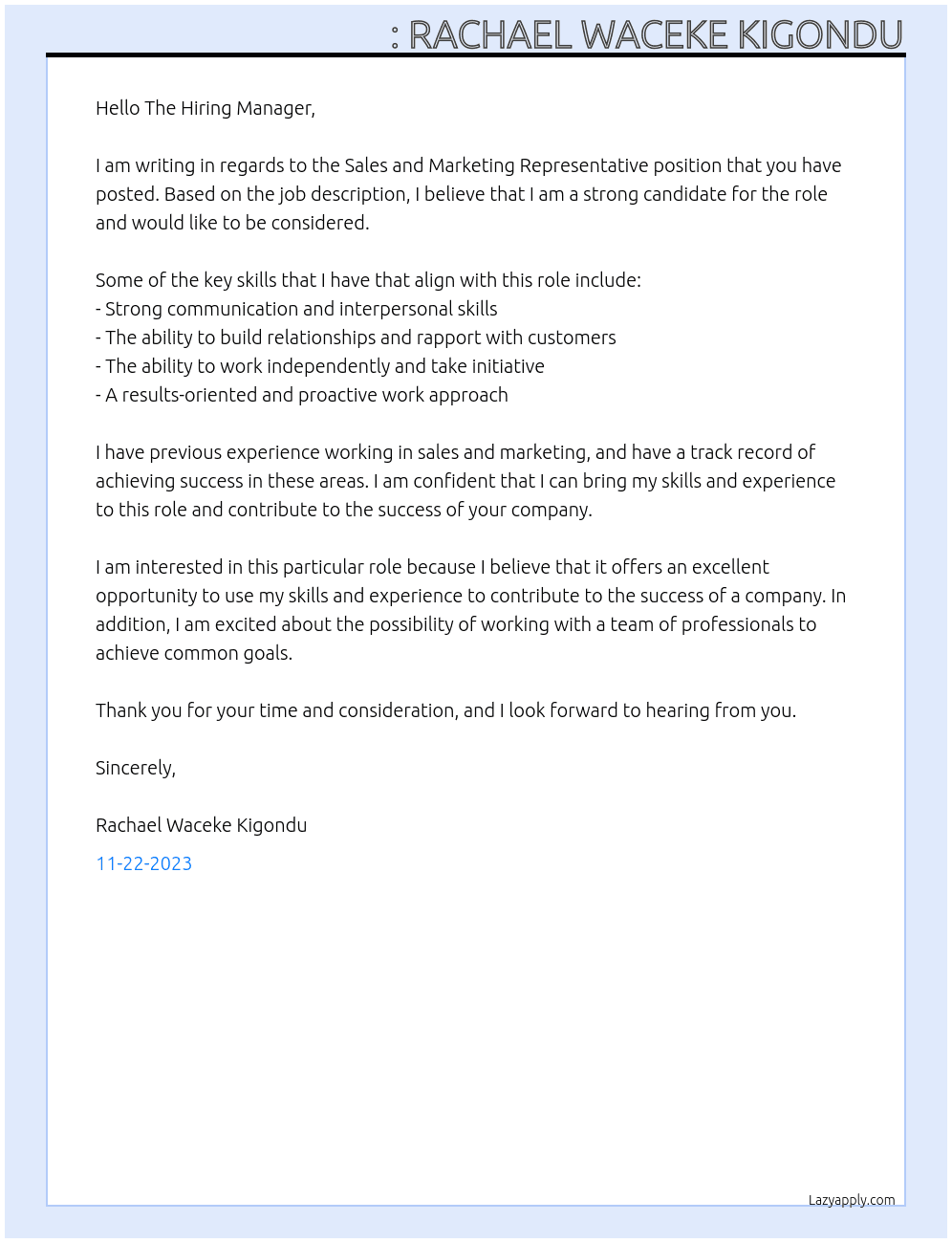 sales and Marketing Representative At looking for a job Cover Letter