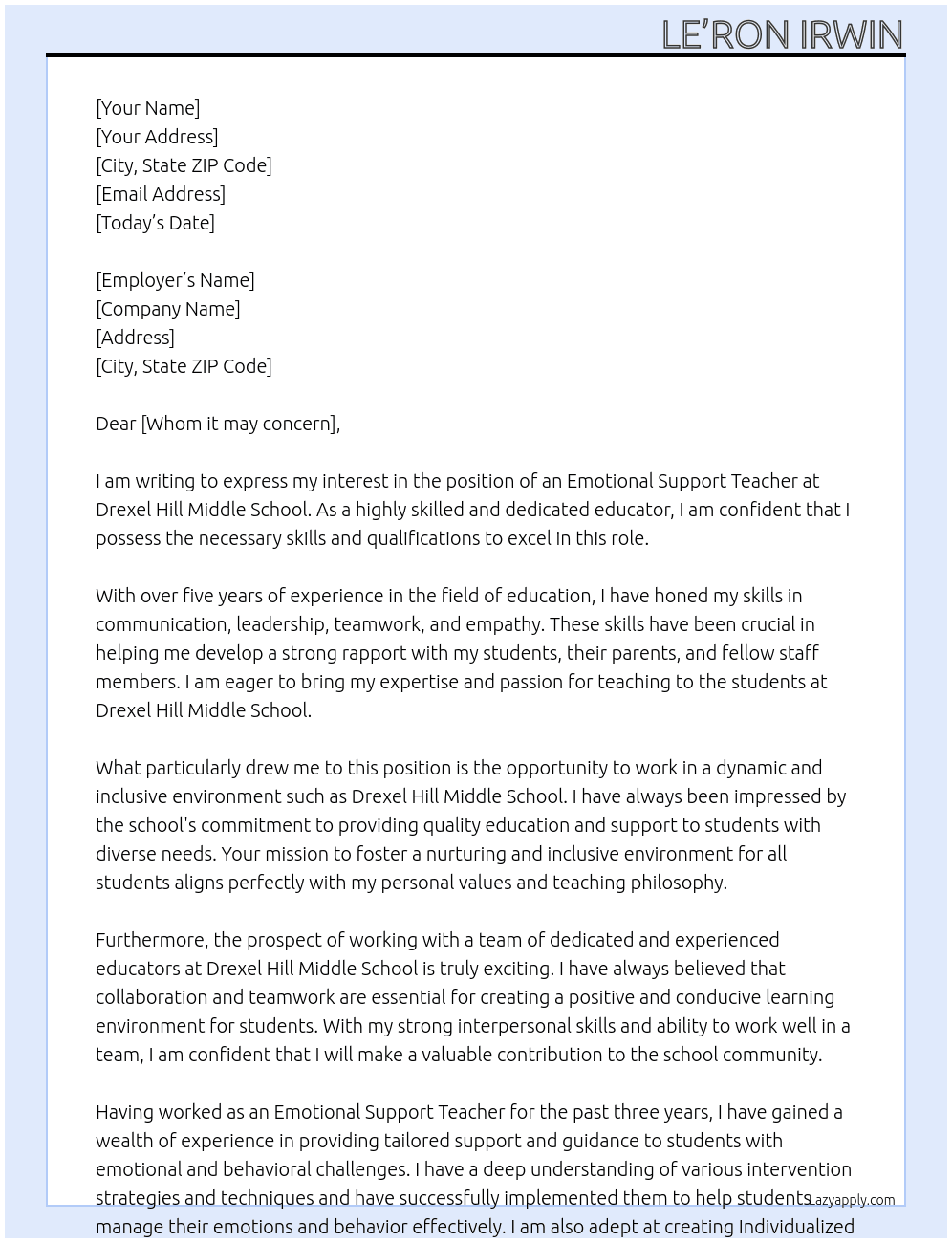 Emotional support teacher At Drexel Hill Middle School Cover Letter