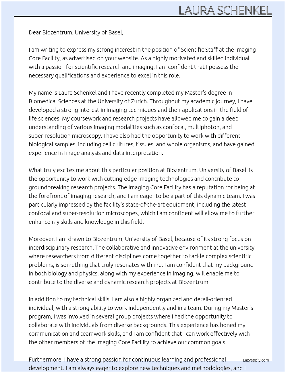 Scientific Staff at the Imaging Core Facility At Biozentrum, University of Basel Cover Letter