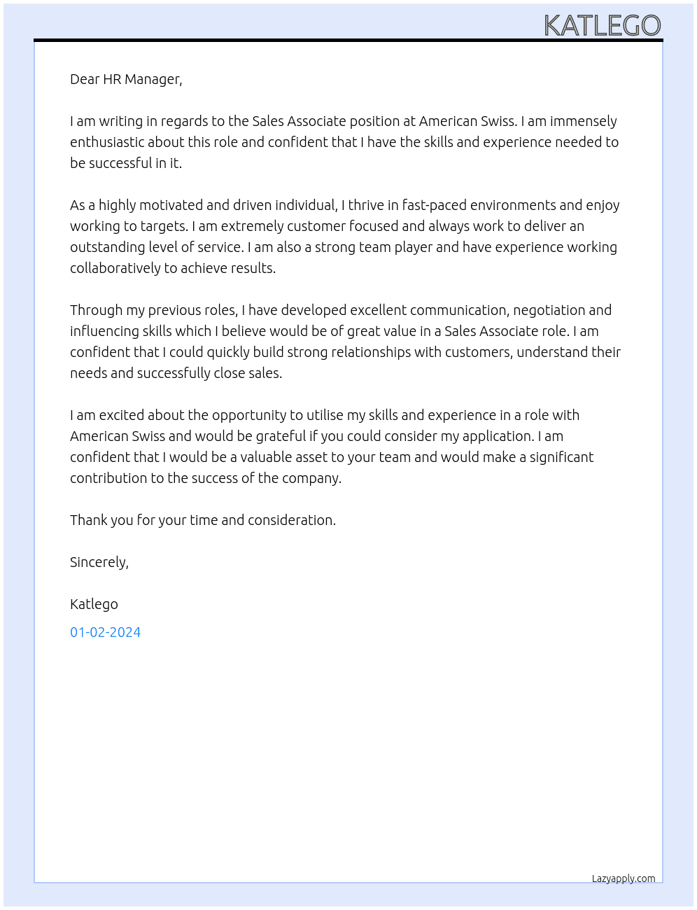 Sales associates  At American swiss  Cover Letter