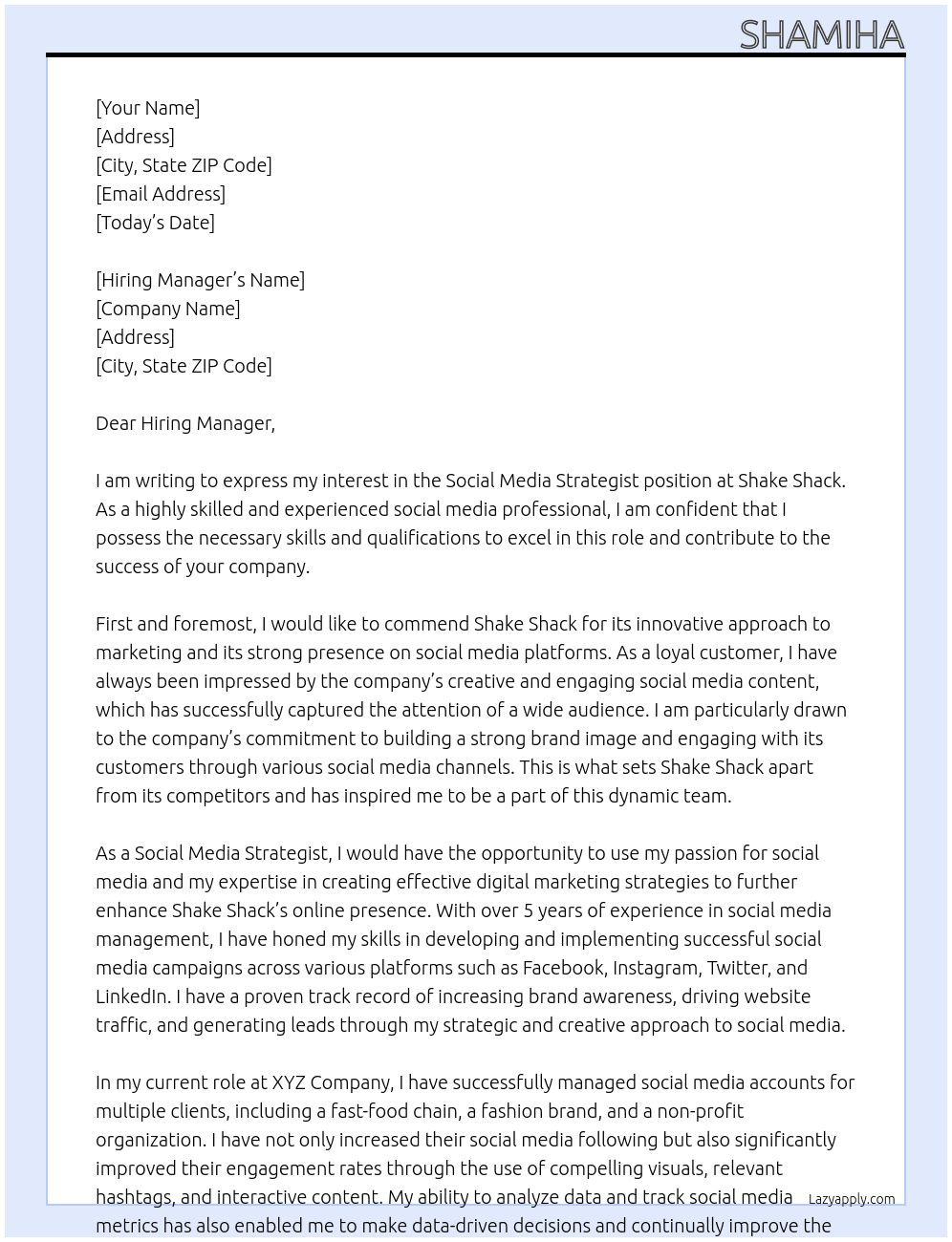 Social Media Strategist At Shake Shack Cover Letter