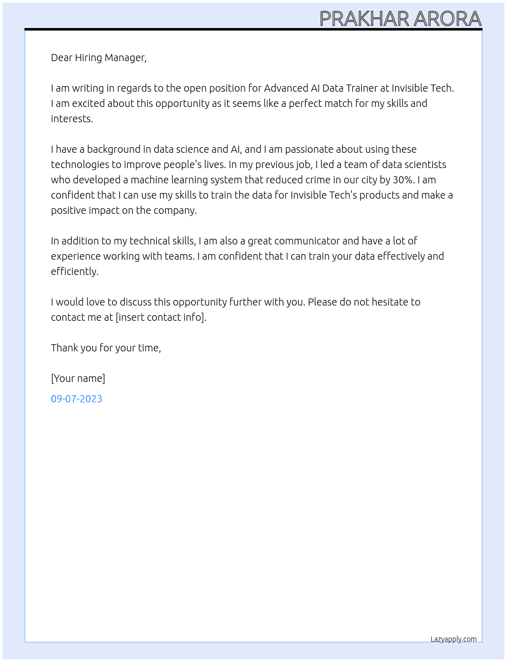 Advanced AI Data Trainer At Invisible Texh Cover Letter