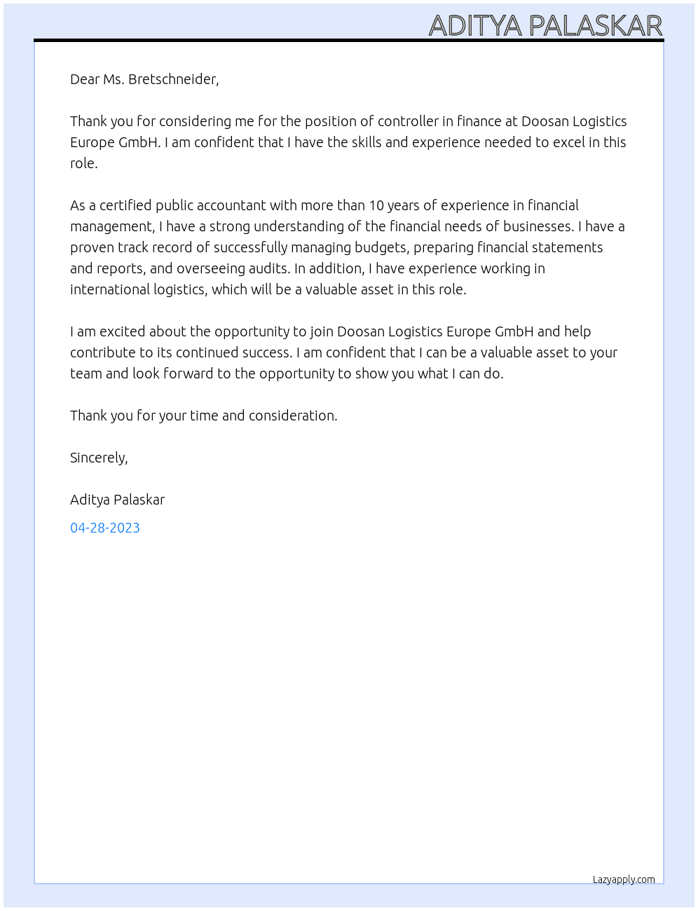 controller in ​​finance At Doosan Logistics Europe GmbH Cover Letter