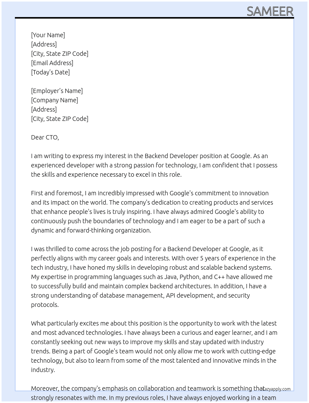 Cover letter for bacend developer - LazyApply