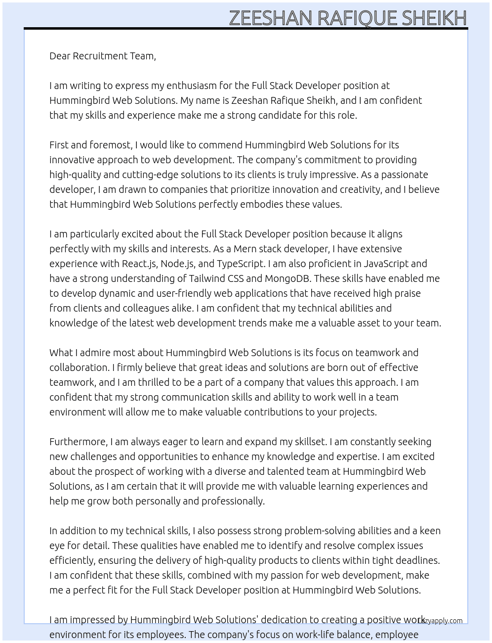 Full stack developer At Hummingbird web solutions Cover Letter